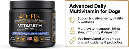 Dr. FD’s VitaPath – Daily Multivitamin for Dogs | Vitamins, Antioxidants & Omegas for Skin, Coat, Immune & Metabolic Health | Natural Beef Flavor | 120 Soft Chews