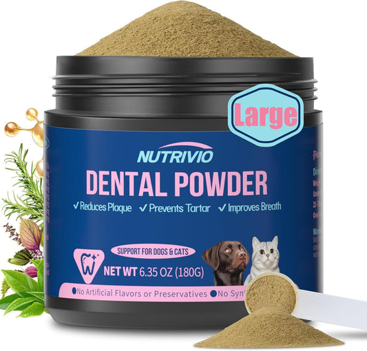 Cat Dog Dental Powder - Dog Teeth Cleaning Powder for Bad Breath Treatment, Plaque Off and Tartar Remover, Healthy Mouth for Dogs with Probiotics, Pet Dental Care - 6.35oz 180g