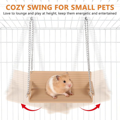 Wooden Chinchilla Hammock with Metal Hooks, Indoor Cage Bench Swing,Hanging Rest Stand & Exercise Toy, Small Animal Cage Accessories for Chinchillas, Rabbits, Guinea Pigs