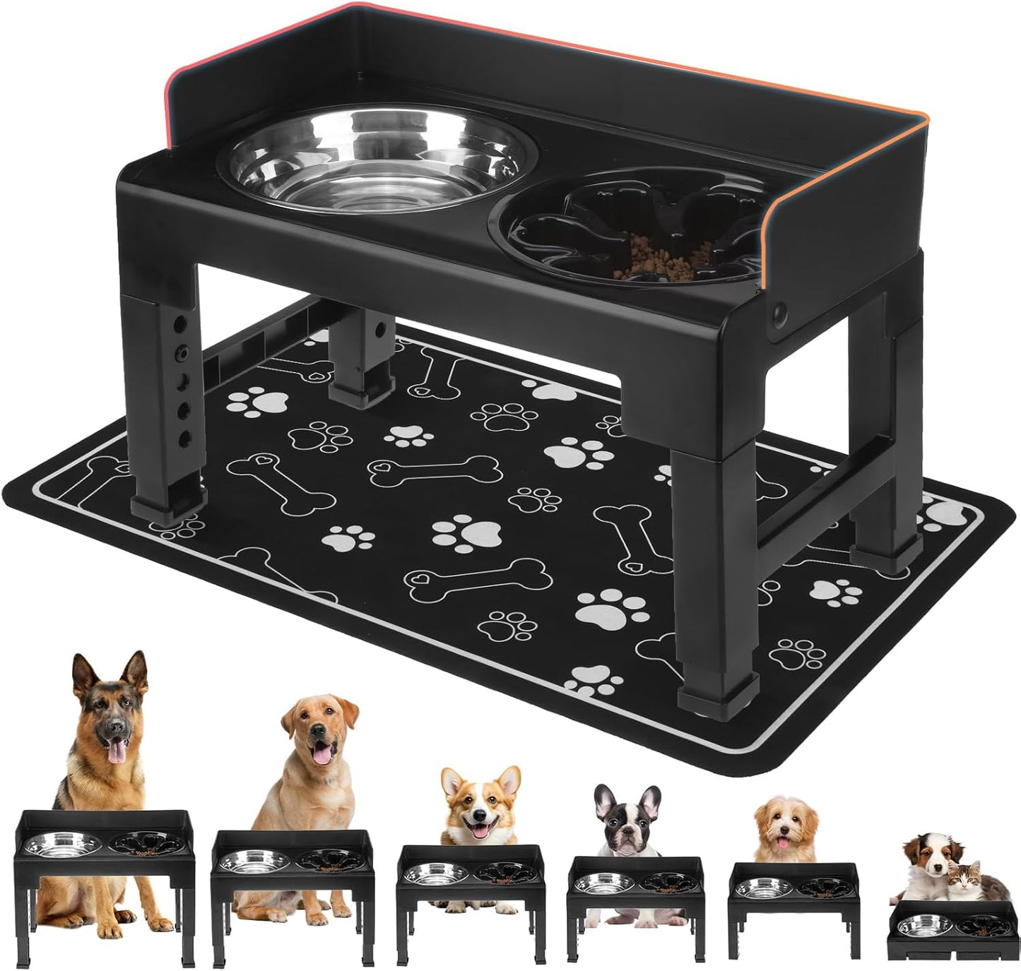 BINGPET Elevated Dog Bowls with Mat,Raised Dog Bowl,6 Heights Adjustable Stand,Non-Slip and Non-Spill Food Bowl for Small Medium Large Dogs