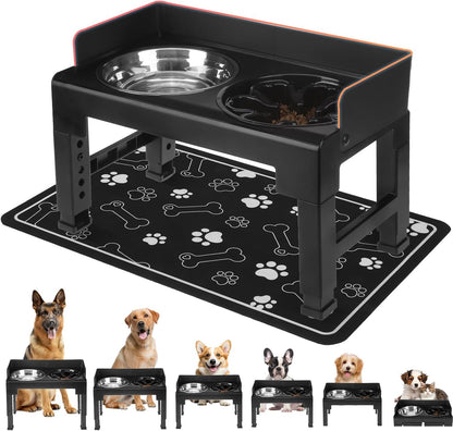 BINGPET Elevated Dog Bowls with Mat,Raised Dog Bowl,6 Heights Adjustable Stand,Non-Slip and Non-Spill Food Bowl for Small Medium Large Dogs