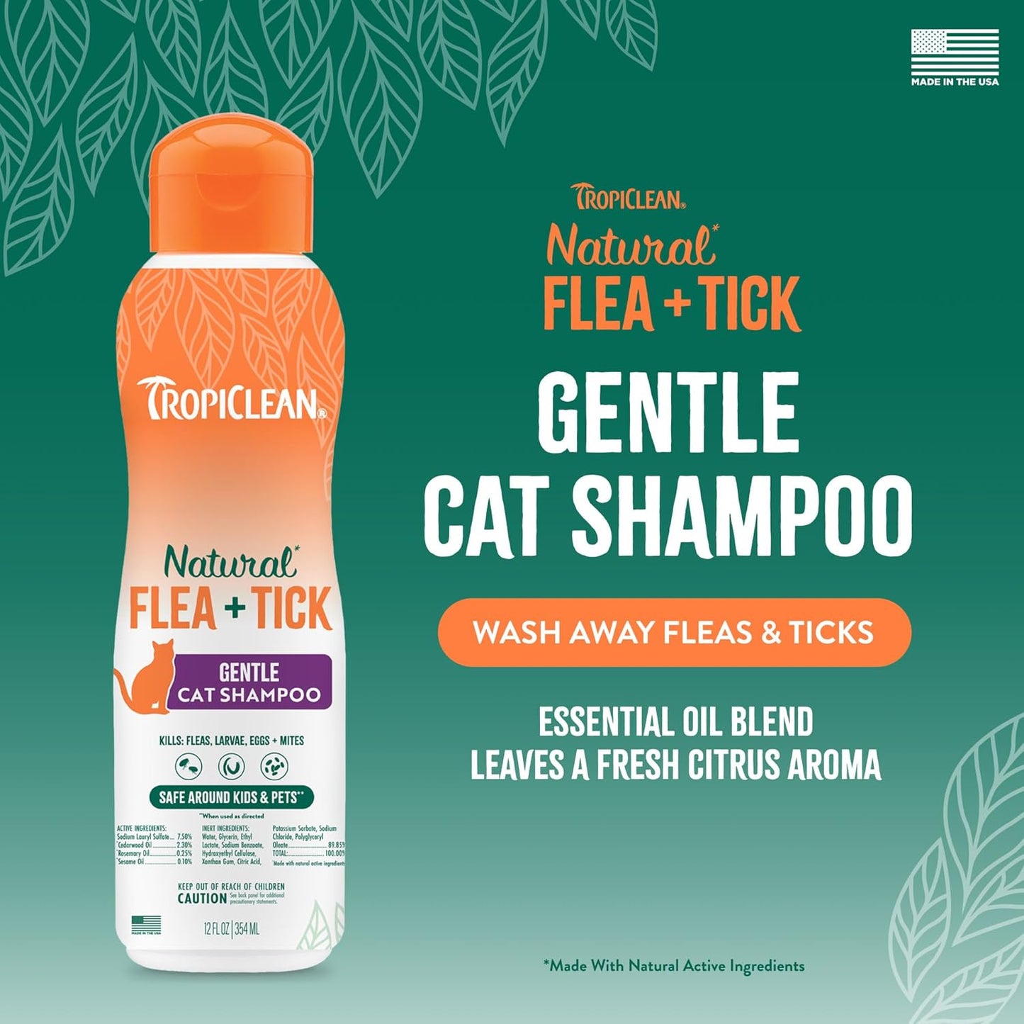 TropiClean Gentle Flea Shampoo for Cats, Flea and Tick Prevention for Cats, Powerful & Natural Defense, Made in USA, 12 oz.
