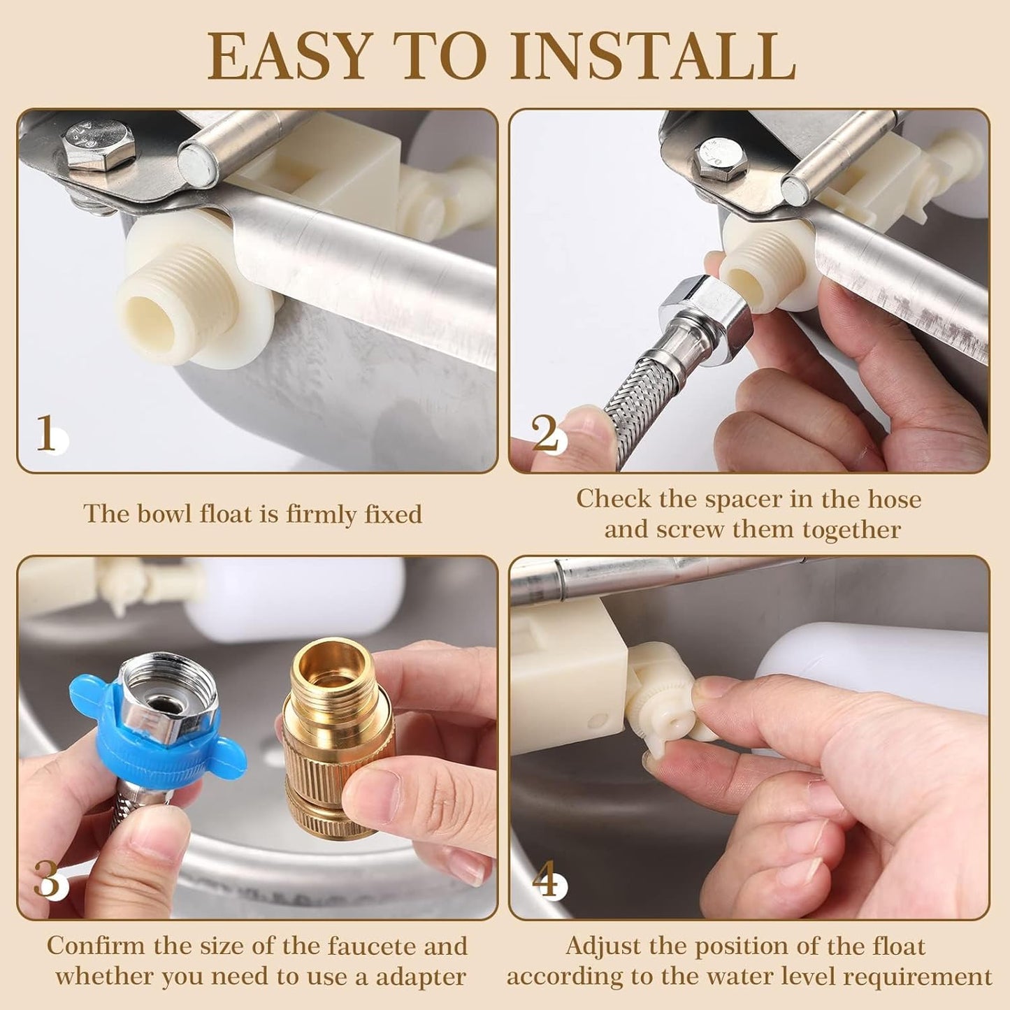 Bokon 4 Set Automatic Animal Drinking Water Trough Bowl Automatic Livestock Drinking Dispenser Stainless Steel Waterer for Horses Dogs Goat Pig with Float Pipe Connector Countersunk Bolt