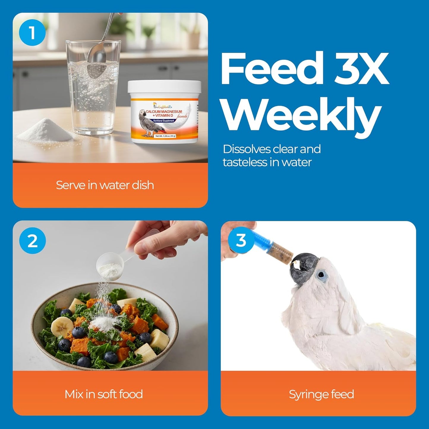 UnRuffledRx™ Bird Calcium Plus with Magnesium and D3, Dissolves Clear and Tasteless in Water, Supports Bone, Muscle, Feather and Egg Health, 45 Servings, Made in FDA-Registered USA Facility