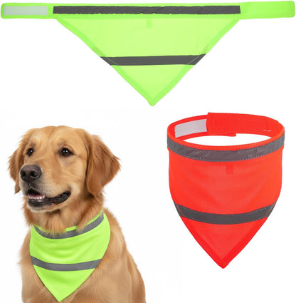 Dog Reflective Bandanas, 2 Pieces Orange Green High Visibility Bandana for Dogs Adjustable Triangle Bib Safety Reflective Dog Scarf for Small Medium Large Pets Dogs Cats Outdoor Walking Camping