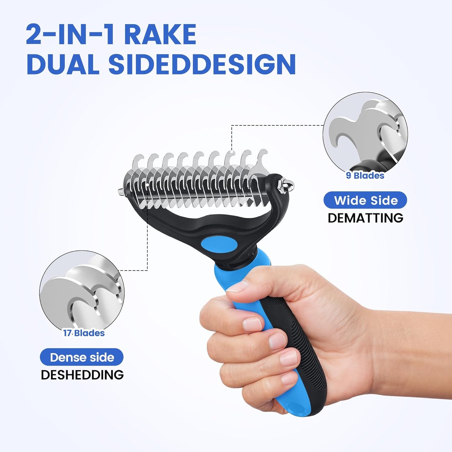 Double-Sided Pet Grooming Rake - 4-in-1 Professional Pet Grooming Kit, Deshedding Dematting Tool for Dogs, Cats, Extra-Wide Grooming Brush & Deshedder Comb for Long and Short Haired Pets (4PCS Blue)