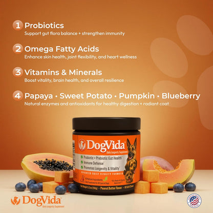 Daily Vitality Chews for Dogs, Omega-3 and Healthy Probiotics for Joint & Coat Support and Gut Health, Soft Chews Vitamins for Small, Medium, Large Breed Dogs