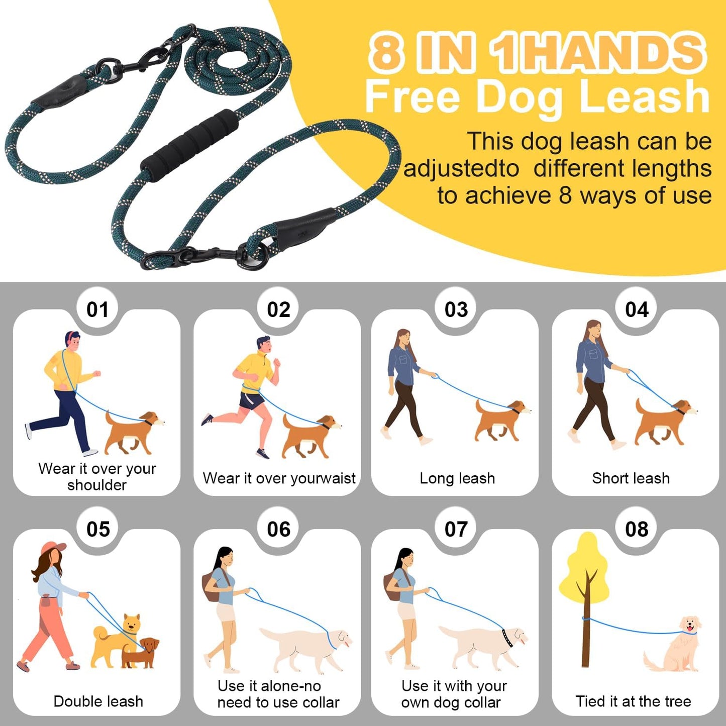 Versatile 7.5 FT Heavy Duty Dog Leash with Padded Handle,Easy Converted to Double Leashes,Hands Free,Cross-Body or Waist Leash, Night Reflective,for Small Medium Large Dogs (Dark Green)