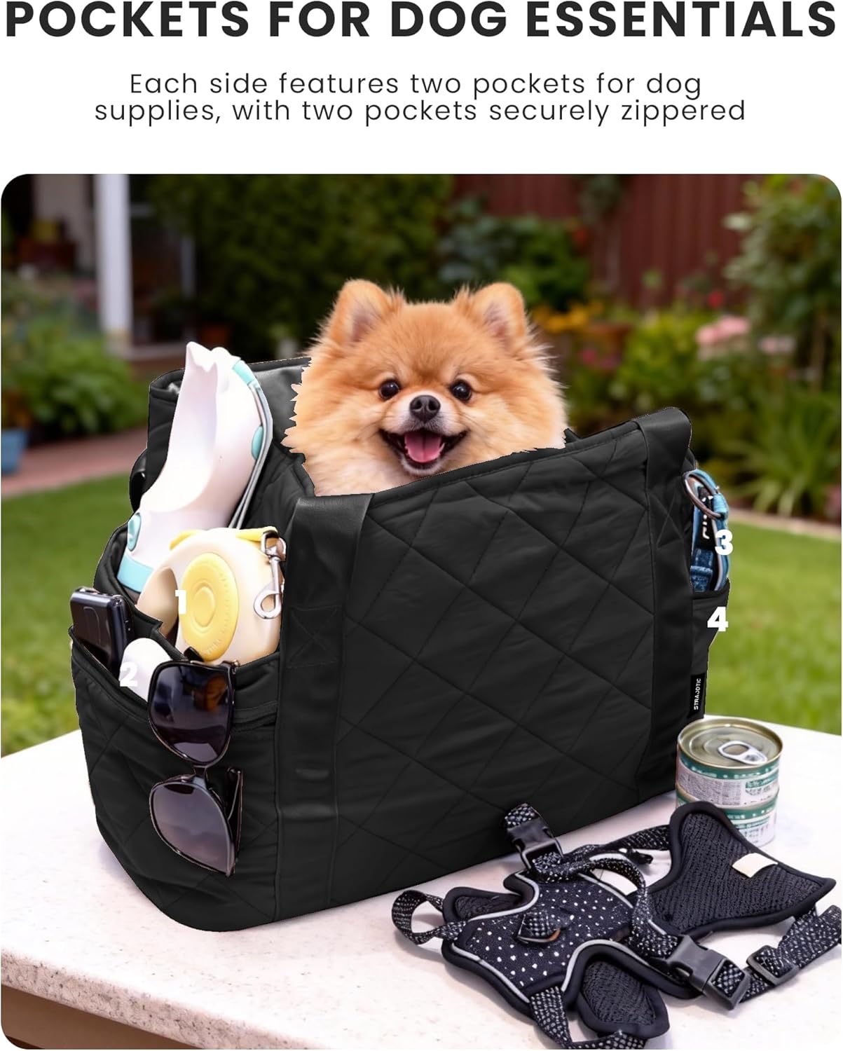 Lightweight Dog Purse Carrier for Small Dogs up to 15 lbs, Dog Tote Bag Puppy Carrier, Soft Plush Interior, Safety Leash Clip, 4 Side Pockets Dog Carrier Bag for Travel & Walking, Black