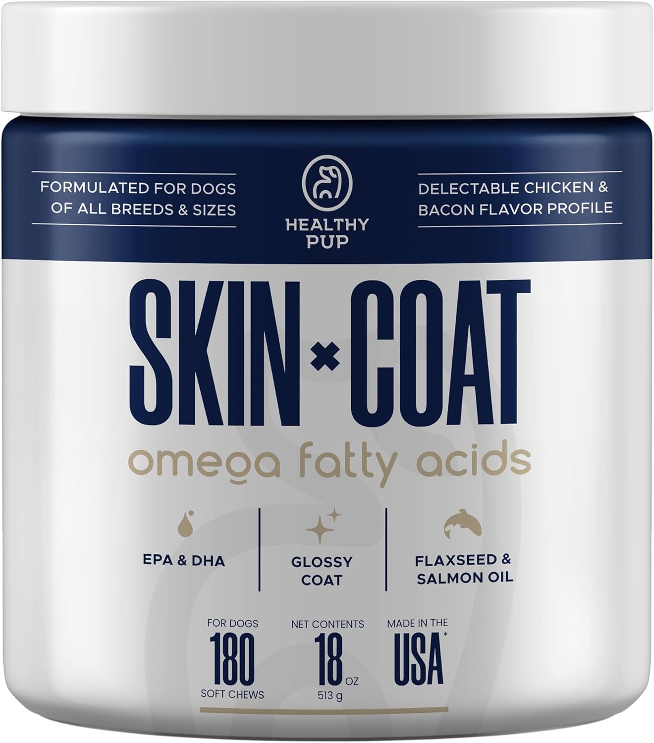 Dog Fish Oil Supplements - 180 Delicious Chew Treats - Omega 3 Rich Salmon Oil, EPA, DHA, Biotin, and Vitamin E for Healthier, Shinier, Skin, Coat and Fur, Helps Skin Allergies