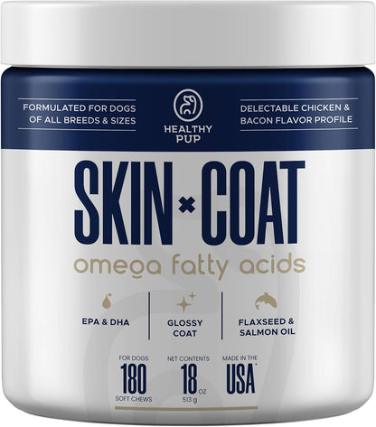 Dog Fish Oil Supplements - 180 Delicious Chew Treats - Omega 3 Rich Salmon Oil, EPA, DHA, Biotin, and Vitamin E for Healthier, Shinier, Skin, Coat and Fur, Helps Skin Allergies