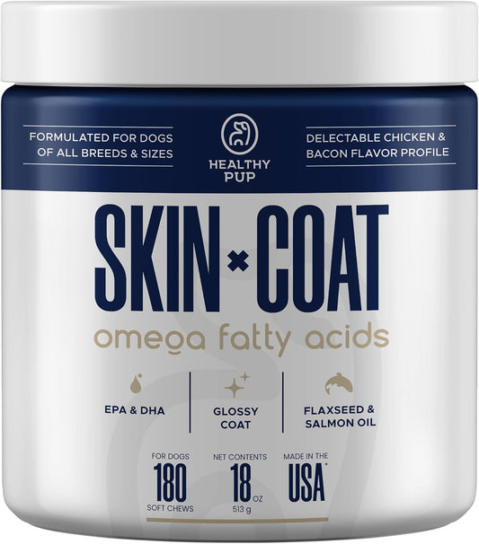 Dog Fish Oil Supplements - 180 Delicious Chew Treats - Omega 3 Rich Salmon Oil, EPA, DHA, Biotin, and Vitamin E for Healthier, Shinier, Skin, Coat and Fur, Helps Skin Allergies