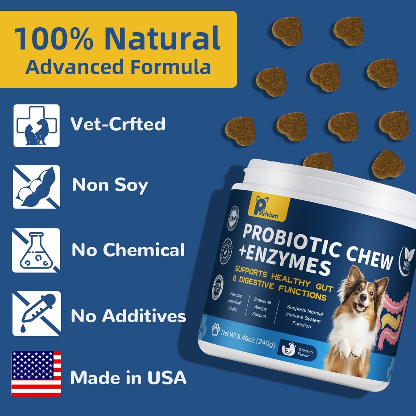 Probiotics for Dogs with Enzymes & Fiber Blend Supports Gut Health, Yeast Balance, Allergies, Itchy Skin, Boost Immune - Natural Probiotic Supplement for Digestive, Diarrhea, Gas, Constipation,120Ct