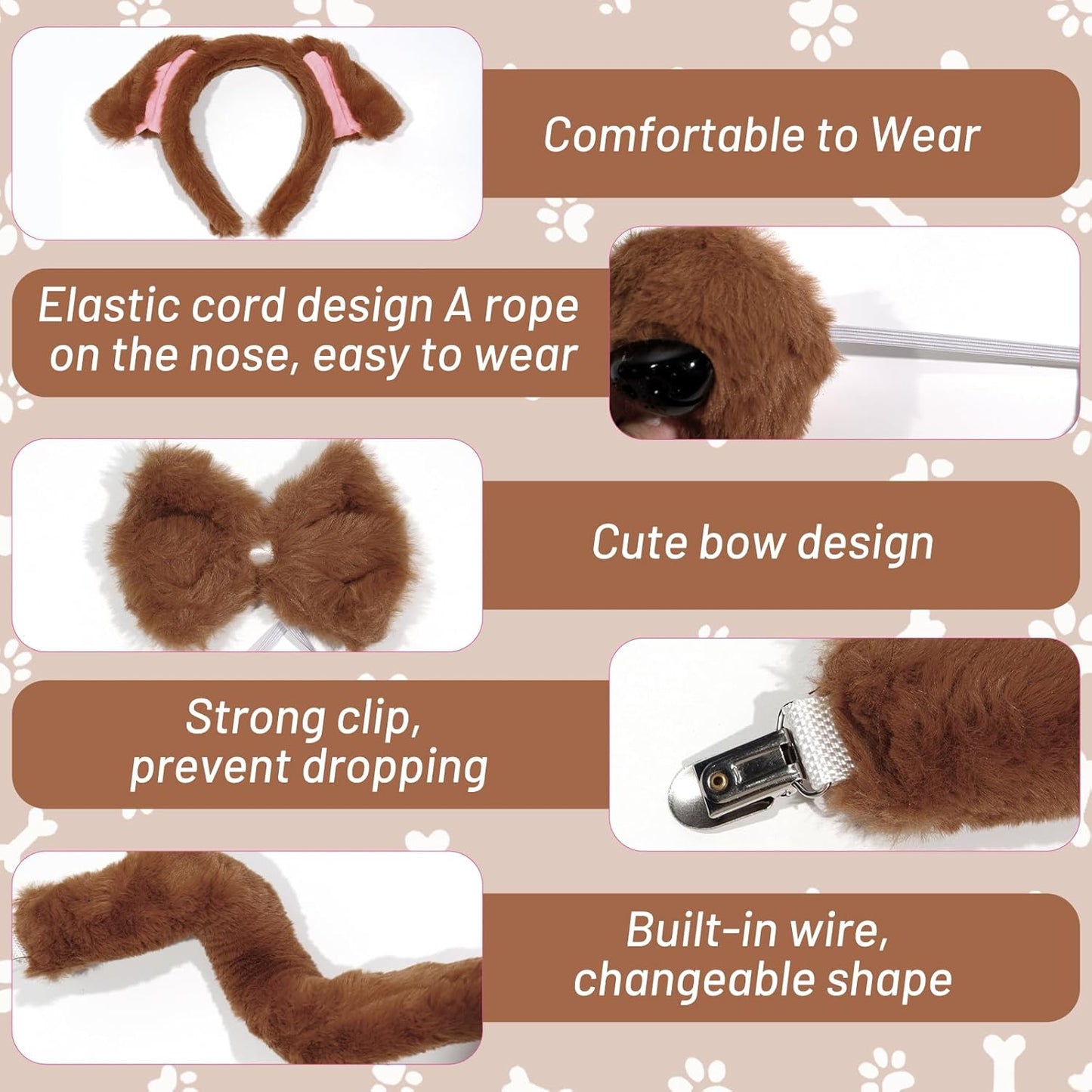 Plush Animal Ears Headband & Nose Bow Tie Tail, Halloween Christmas Cosplay Festival Theme Party Dress up Costume