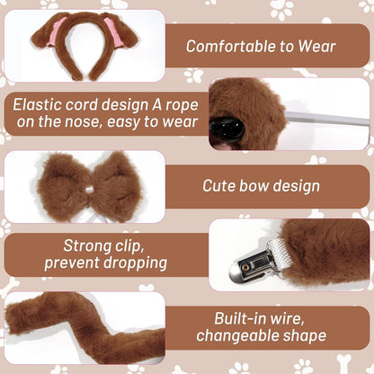 Plush Animal Ears Headband & Nose Bow Tie Tail, Halloween Christmas Cosplay Festival Theme Party Dress up Costume