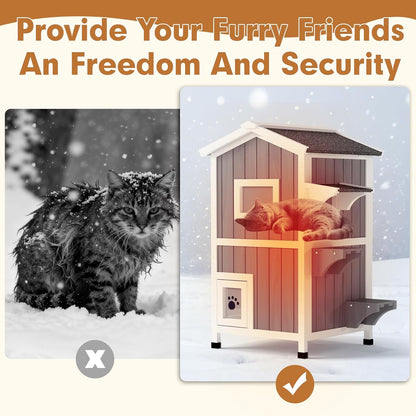 Insulated Outdoor Cat House with Insulated Liner 2 Story Weatherproof Elevated Outside Cat Shelter for Feral Multi Cat