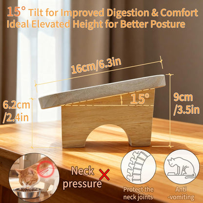 15° Tilted Elevated Cat Bowls with 2 Ceramic Dishes & Wood Base - Anti-Vomit Raised Feeder Station for Indoor Cats & Small Dogs, Dishwasher Safe
