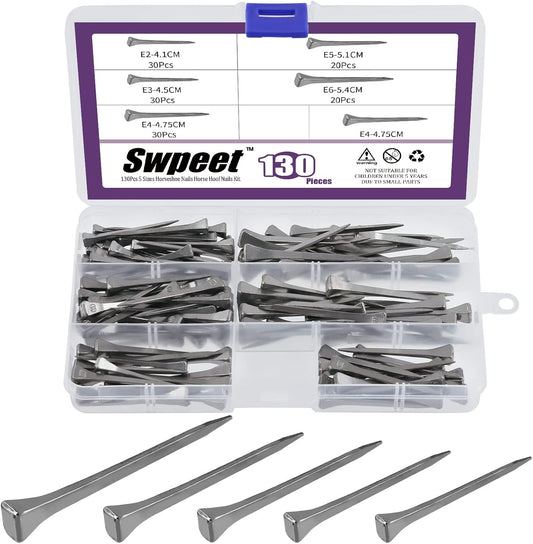 Swpeet 130Pcs 5 Sizes E2 E3 E4 E5 E6 Steel Horseshoe Nails Assortment Kit, 1.6" 1.7" 1.8" 2" 2.1" Horse Hoof Nails Horseshoe Tools Fix Horse Nail Palm for Horse Race Horse Horse Training