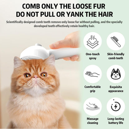 Pet Steam Brush, 3-in-1 Self-Cleaning Grooming Tool for Long & Short Hair Pets - Deshedding and Dematting Hair Brush for Dogs & Cats - White
