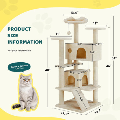 Cat Tree 54 Inch, Multi-Level Cat Tower with Condo, Perches, Sisal Scratching Posts and Climbing Ladder, Pet Play Toy Balls House for Indoor Cats, Beige