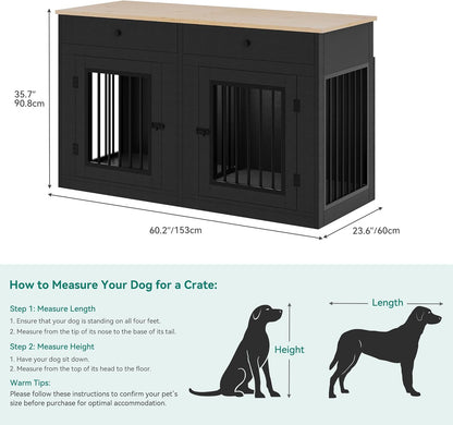 YITAHOME 60" Double Wooden Dog Crate Furniture with Removable Divider & Storage Drawers, 2 Doors Kennel with Locks for Medium & Large Dogs, Multi-Functional Dog Crate End Table for Indoor use, Black