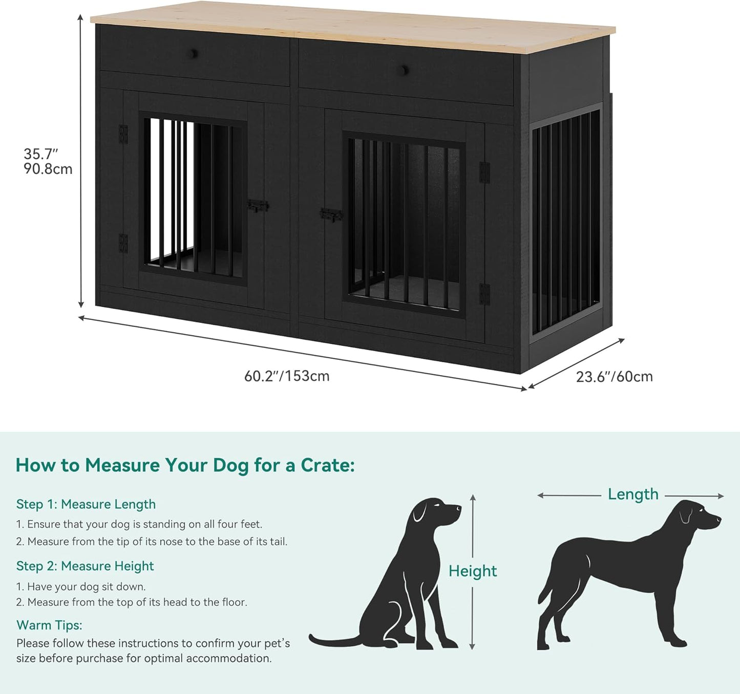 YITAHOME 60" Double Wooden Dog Crate Furniture with Removable Divider & Storage Drawers, 2 Doors Kennel with Locks for Medium & Large Dogs, Multi-Functional Dog Crate End Table for Indoor use, Black