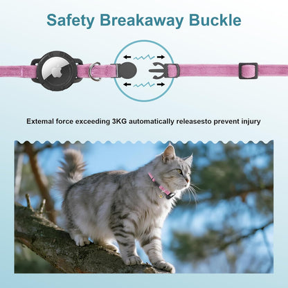 AirTag Cat Collar Breakaway, Double Velvet cat Collar with Apple Air Tag Holder and Bell, Ultra-Durable, Adjustable, Quick Release, Fits Most Girl Boy Small Large Cats (8.5''-12'') Pink