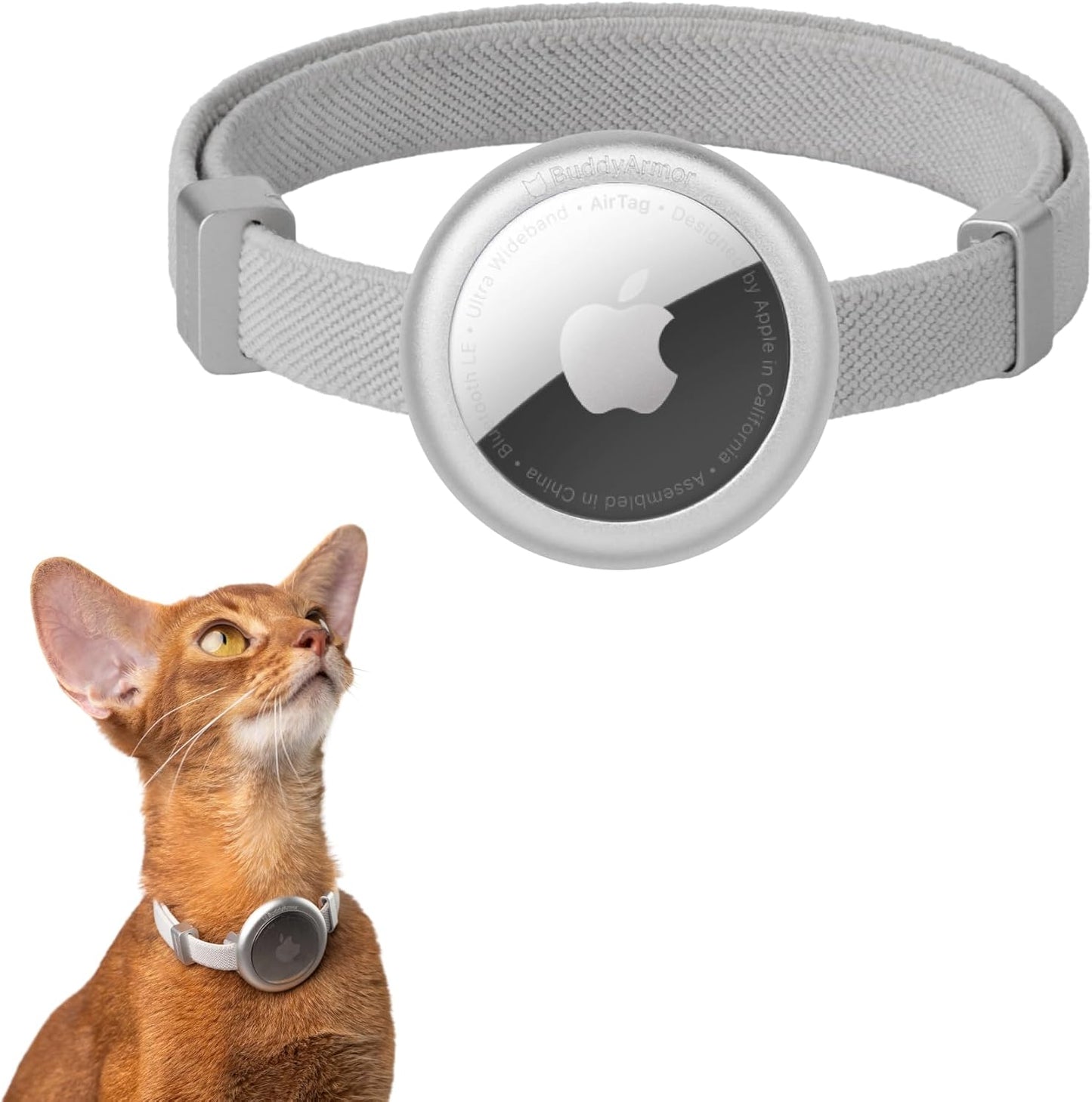 Safety Cat Collar Pro Airtag Holder Set, US IDA Gold Award Cat Collar with Snap, Non Breakaway Elastic Release Cat Airtag Collar Airtag Case for Small Medium Large Cats (Glacier Silver, S)