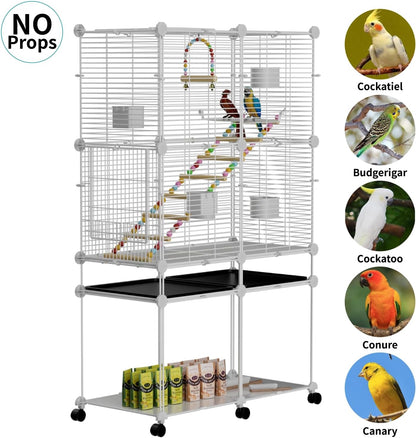 Standing Large Bird Cage, Parakeet Cage with Detachable Stand & Wheels, Wide Flight Birdcage for Parrot Cockatiel Conure Budgie Canary Finch Lovebird