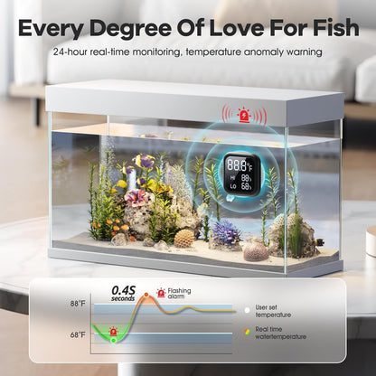 Smart Digital Fish Tank Thermometer – LED Display to ±0.9°F, Alarm for Aquarium, Turtle Tank, Betta Fish & More | 5-200 Gallon | High/Low Temperature Alerts