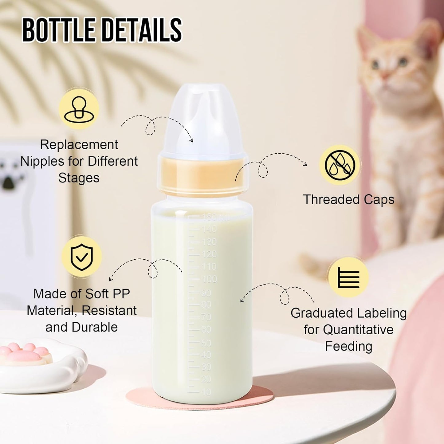 Puppy Kitten Nursing Bottle 5oz - Small Animal Feeding Kit with Nipples | Hand Feeding Supplies for Puppies, Kittens, Rabbits, Ferrets & Newborn Pets