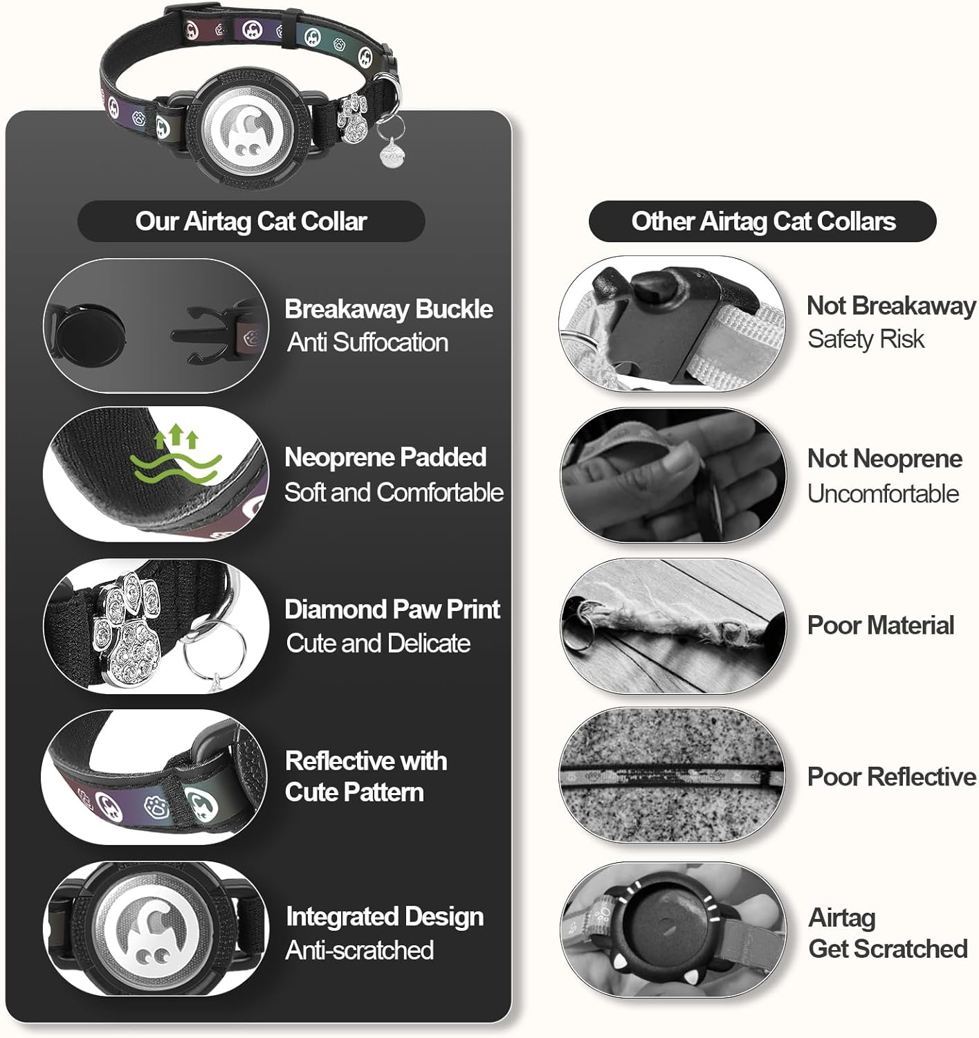 Airtag Cat Collar | Waterproof Cat Collars Airtag Holder - Breakaway Cat Airtag with Bells, Cute Diamond Paw, Reflective, Lightweight GPS Cat Collar for Girl Boy Cats, Kitten(Black, S(9.5"-13")