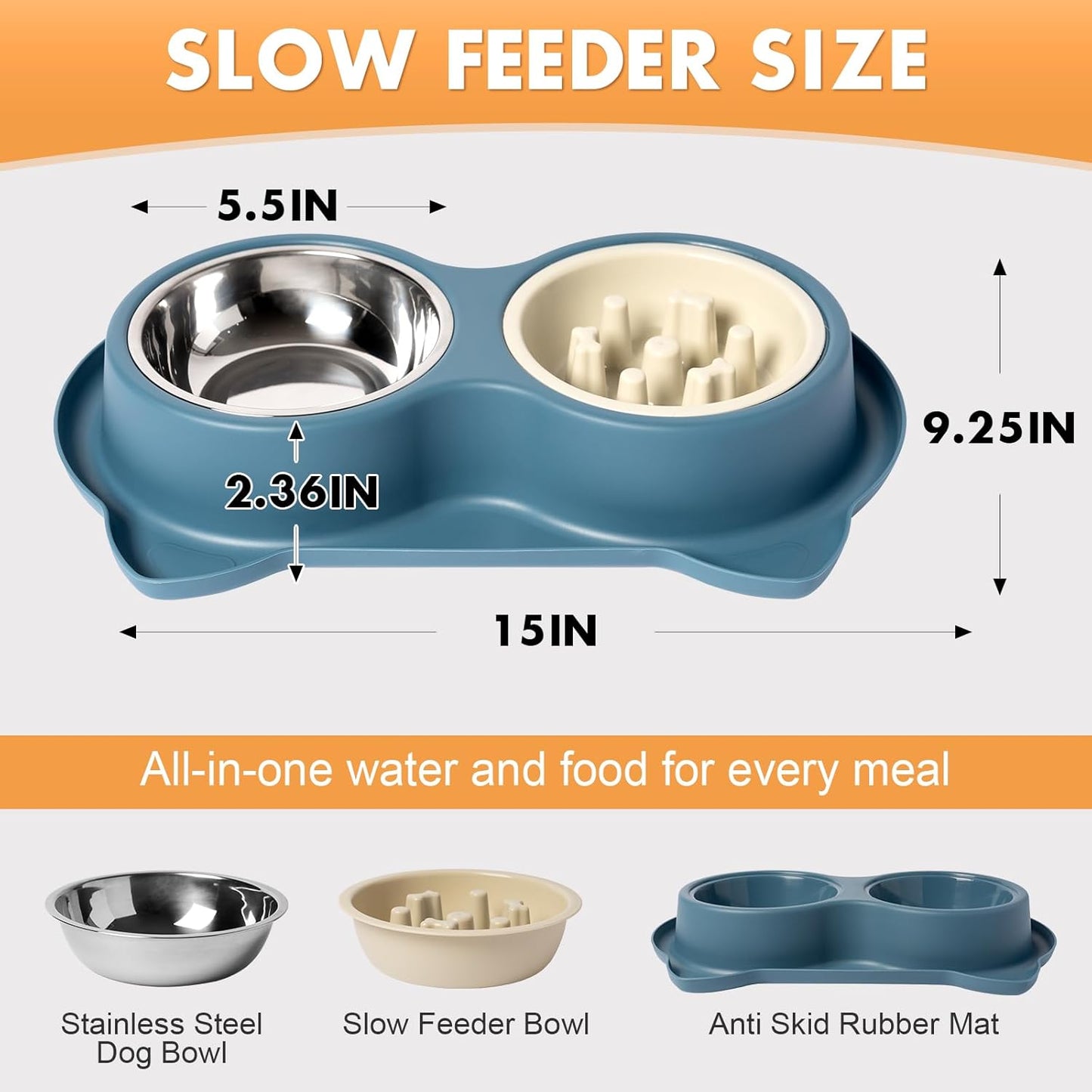 Slow Feeder Dog Bowls with Non-Slip Mat, 3-in-1 Stainless Steel Bowl Slow Feeder Prevents Gulping, Paired with Weighted Base Water Dog Bowls for Large Medium Small Breed Size Dogs and Cats