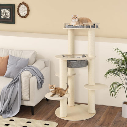 PETSITE 59 Inches Modern Cat Tree, Multi-Level Wood Cat Tower with Sisal Scratching Posts, Cozy Hammock, Comfy Top Perch, and 3 Jumping Platforms, Ideal for Indoor Cats Kittens