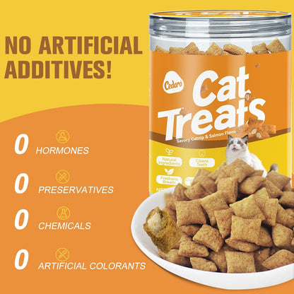 Natural Crunchy & Soft Cat Treats for Indoor Cats - Catnip & Salmon Flavor, Cat Snacks with Real Salmon, Dental Care & Digestive Support, Healthy Training Treats for Cats & Kittens