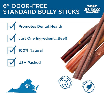 Best Bully Sticks 6 Inch Odor-Free Bully Sticks - 20 Count (Pack of 1) - Bulk Bag, Odorless Natural Grass-Fed Beef, Easily Digestible, No Grain or Rawhide, Ideal for Big Breeds
