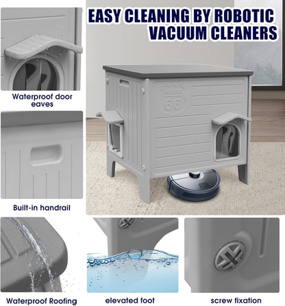 Plastic Cat House Outdoor & Indoor, Feral Cat Houses with Escape Door, Waterproof Outdoor Cat House for Feral Cats, Outside Cat Shelter for Small Pet, Assemble Easily-Grey