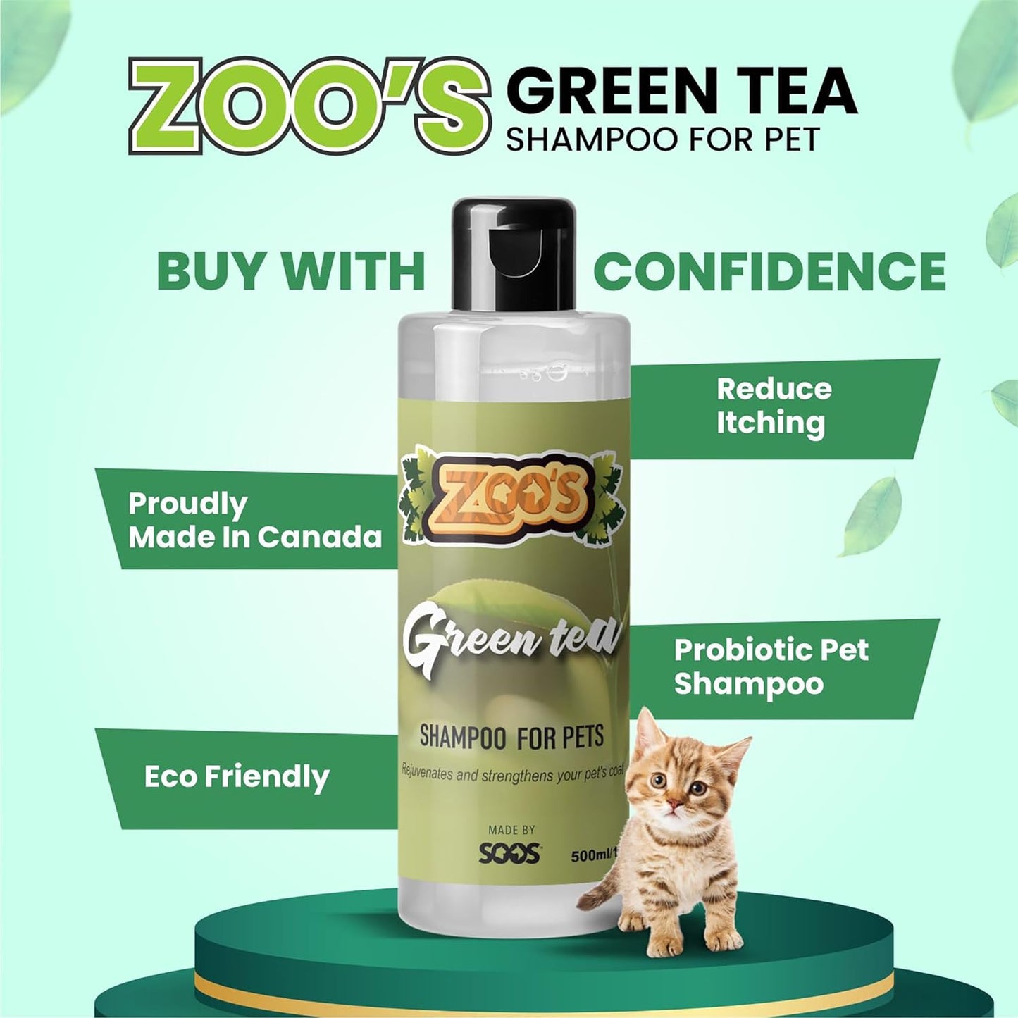 Zoo’s Pet Dog Shampoo Green Tea for Cats and Pets Vitamins E and C Nourish Skin, Promote Growth of Soft Lustrous Fur - 500ml