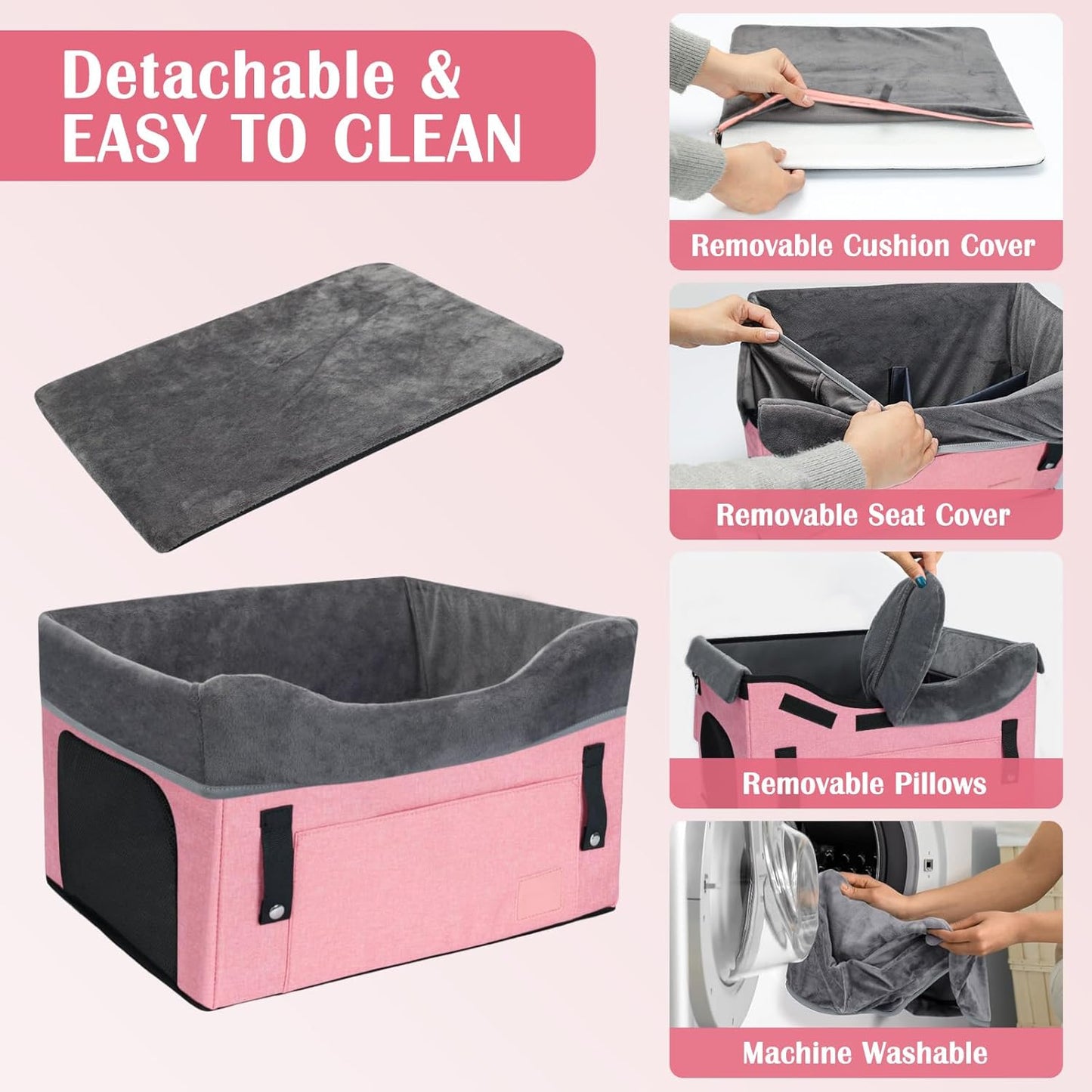 PetsHome Dog Car Seat for Small Dogs, Detachable Washable Dog Booster Car Seat with Storage Pocket, Breathable Mesh, Safety Leash, Adjustable Straps for Small Pets Up to 25lbs-Pink