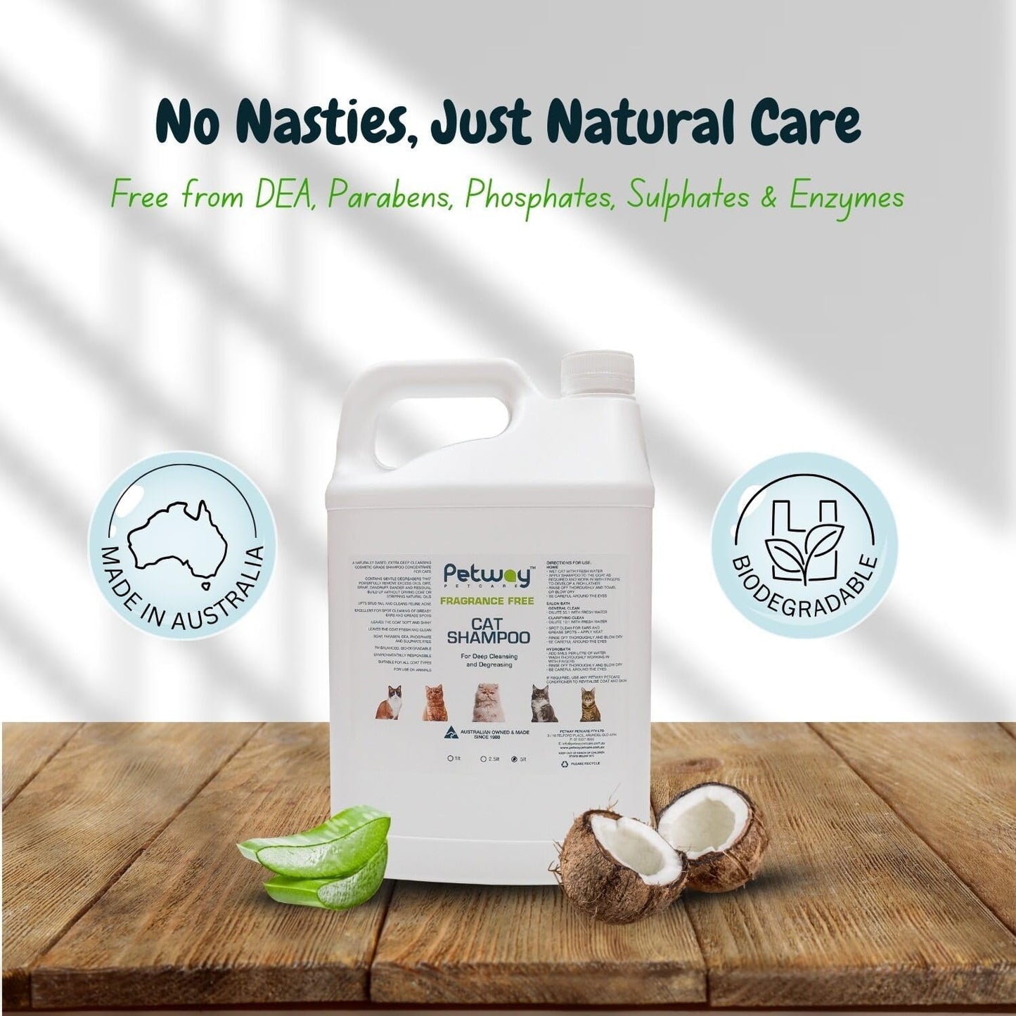 Petway Petcare Cat Shampoo, Natural Dandruff Shampoo, pH Balanced Cat Grooming Supplies with Plant Derived Surfactant, Free of Fragrance, DEA, Phosphates, Parabens & Enzymes, Removes Oil and Dirt, 5 L