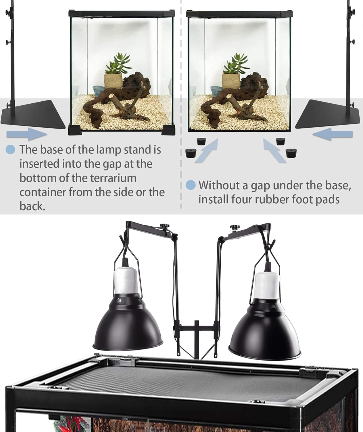 Dual Reptile Heat Lamp Stand for Light Fixtures - Adjustable Height 14.4"-36.2" Metal Holder - Floor Light Stand for Terrarium & Tank - Heating Light Bracket for Fixing Reptile Lamp Fixtures