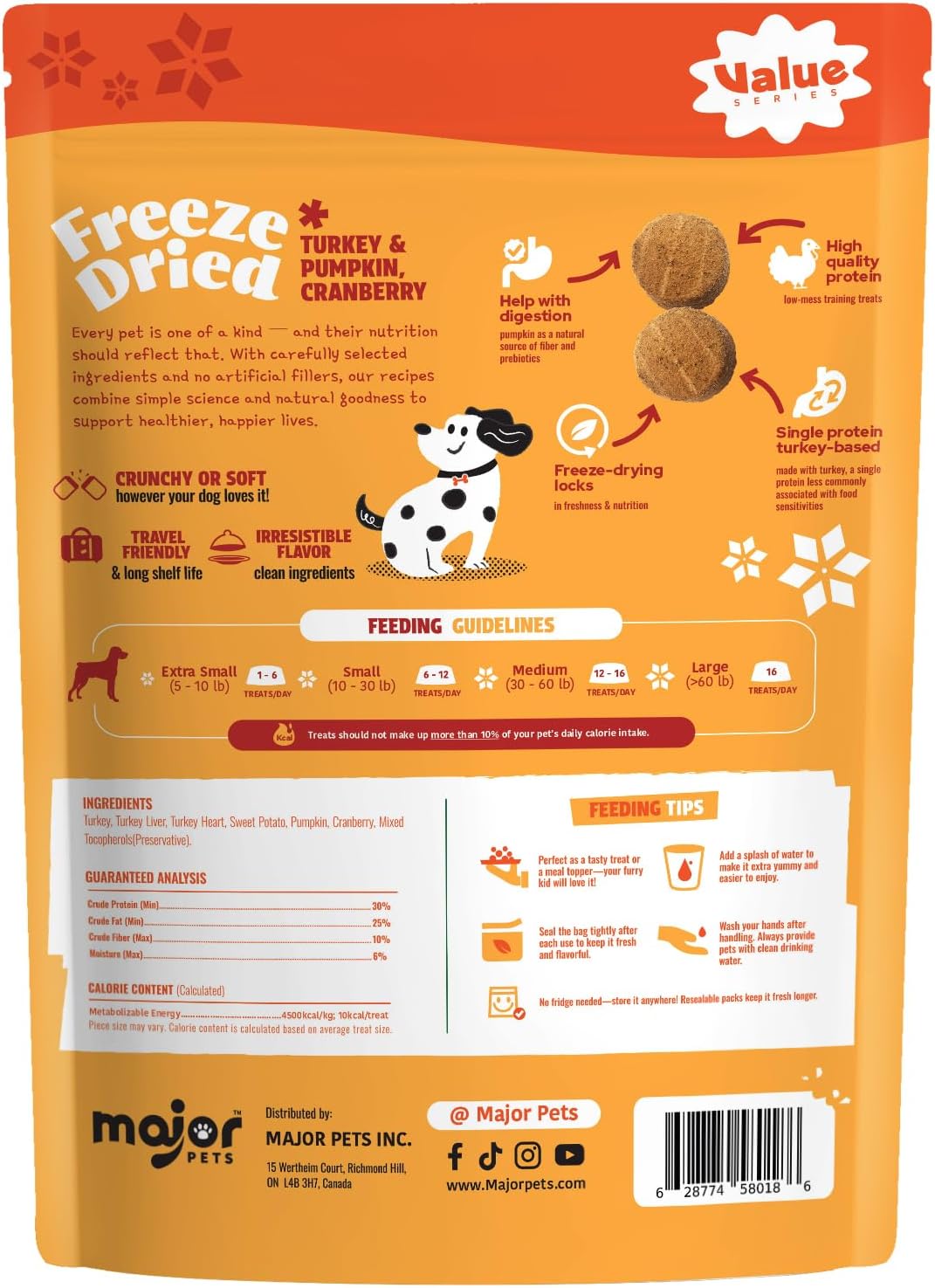 MAJOR PETS Freeze Dried Turkey & Pumpkin, Cranberry Dog Treats, Single High Protein, 100% Natural, Help with Digestion, Grain Free, Training Bites & Meal Topper for Dogs, Made in The USA, 5oz