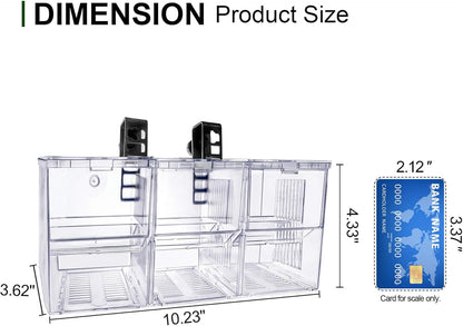 Triple-Chamber Aquarium Fish Breeder & Isolation Box, Transparent Hatching Incubator Tank with Suction Cups & Hook, Nursery for Livebearer Guppy Fry Breeding and Betta Fish, Shrimp Quarantine
