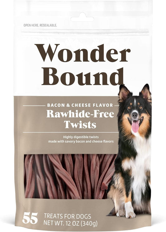 Wonder Bound Bacon & Cheese Flavor Dog Twist Sticks - 55 Count - Rawhide-Free Dog Treats, Dental Health Chews for Plaque & Tartar Control, Easy to Digest, Long-Lasting