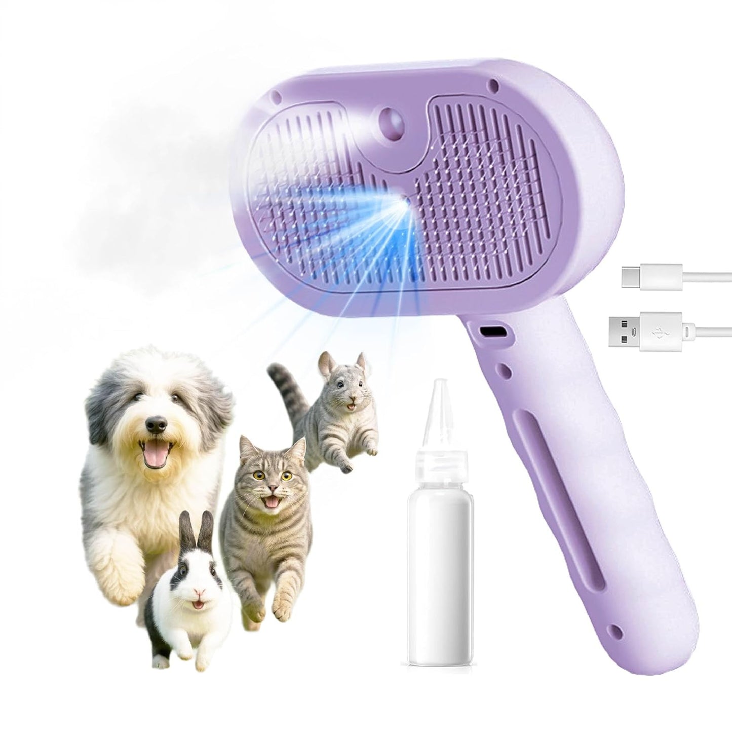 BelleBête & Co. Pet Steam Brush for Dog and Cat, Pet Hair Removal Grooming and Shedding Tool with One-Click Easy Self-Cleaning, USB Charging, No-Rinse Conditioning, Combs for Animals | Purple