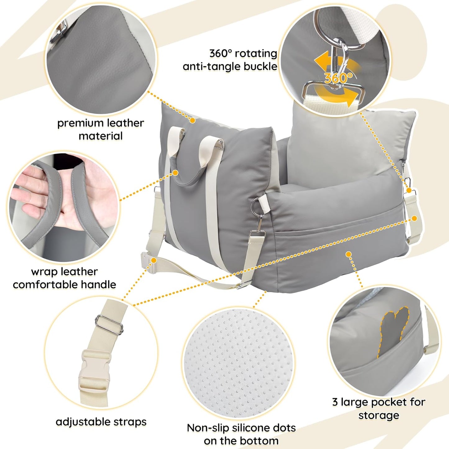 Leather Dog Car Seat for Small Dogs, Dog Booster Seat with Storage Pocket and Clip-On Safety Leash, Water/Scratch Resistant Both Indoor and Outdoor Use