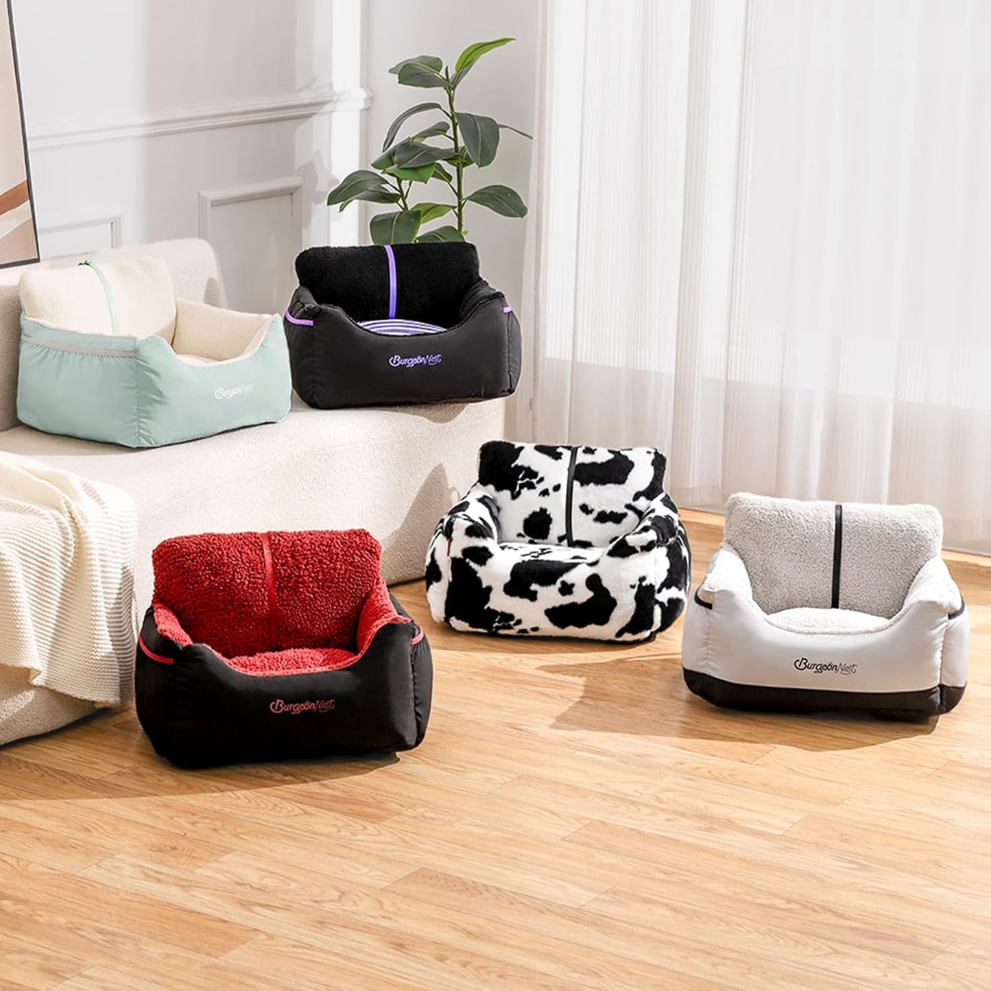 BurgeonNest Dog Car Seat for Small Dogs, Detachable and Washable Cat Carseats Under 25 lbs, Soft Pet Booster Seats with Storage Pockets and Clip-On Leash Portable Car Travel Carrier Bed, Black Grey