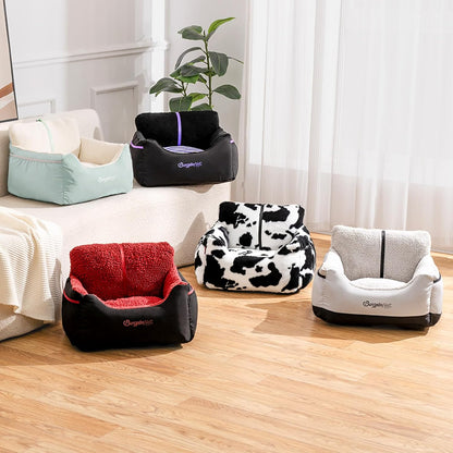 BurgeonNest Dog Car Seat for Small Dogs, Detachable and Washable Cat Carseats Under 25 lbs, Soft Pet Booster Seats with Storage Pockets and Clip-On Leash Portable Car Travel Carrier Bed, Black Grey