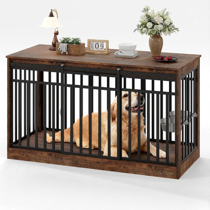 Double-Door Dog Crate Furniture, 55 Inch Rustic Wooden Indoor Dog House Side Table for Small to Medium Dogs, Chew-Resistant Pet End Table, Brown