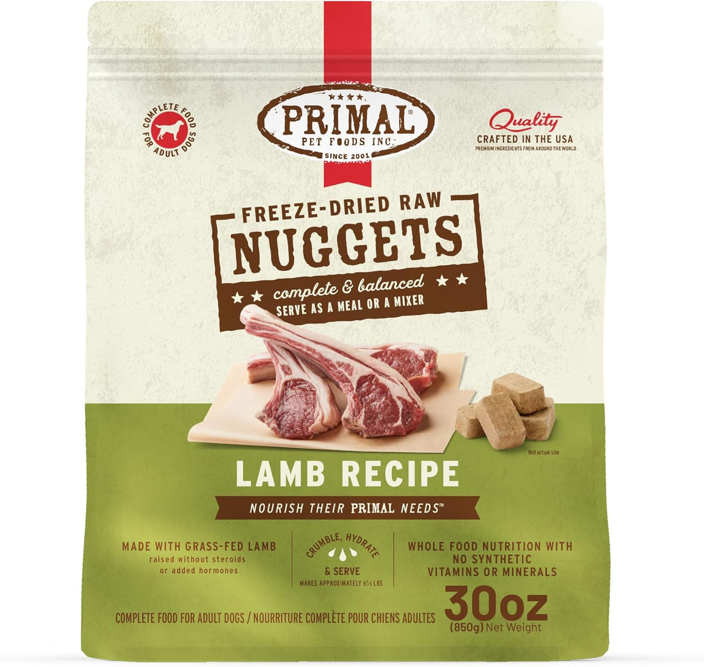 Primal Freeze Dried Raw Dog Food Nuggets, Lamb, Complete & Balanced Meal, Also Use as Topper or Treat, Premium, Healthy, Grain Free, High Protein Raw Dog Food, 30 oz